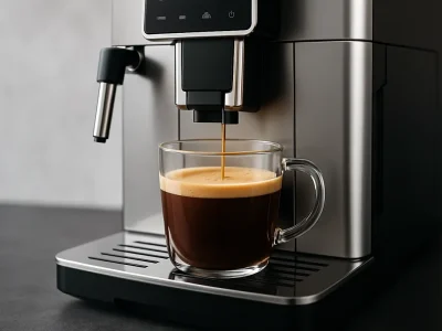 Cafetera superautomática moderna preparando un espresso en taza de cristal