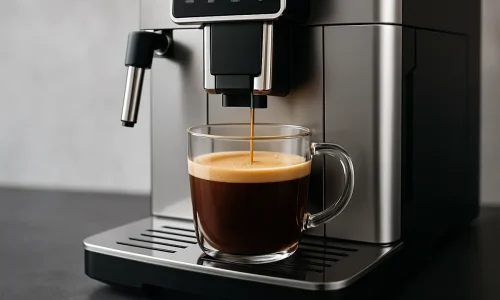 Cafetera superautomática moderna preparando un espresso en taza de cristal