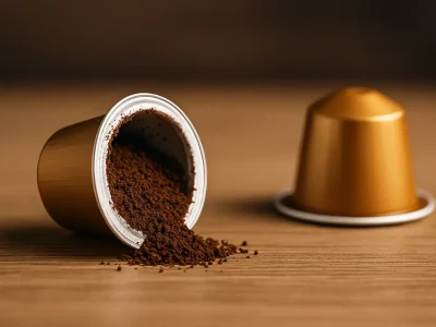 Cápsula de café abierta con posos sobre superficie de madera