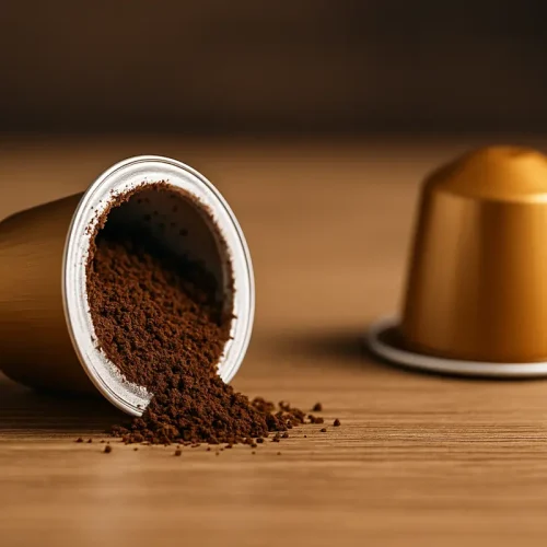 Cápsula de café abierta con posos sobre superficie de madera